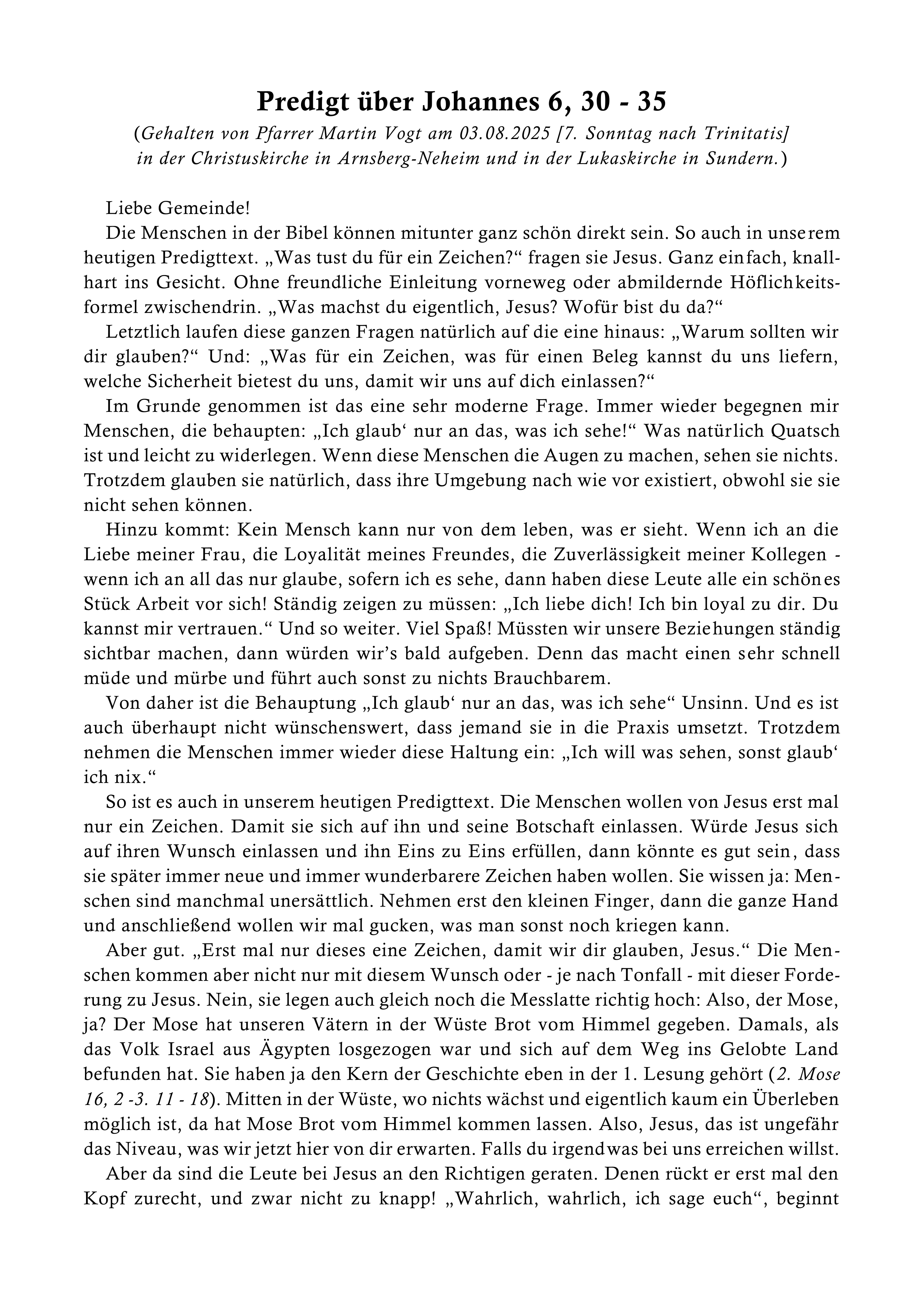 Predigt vom 03. August 2025