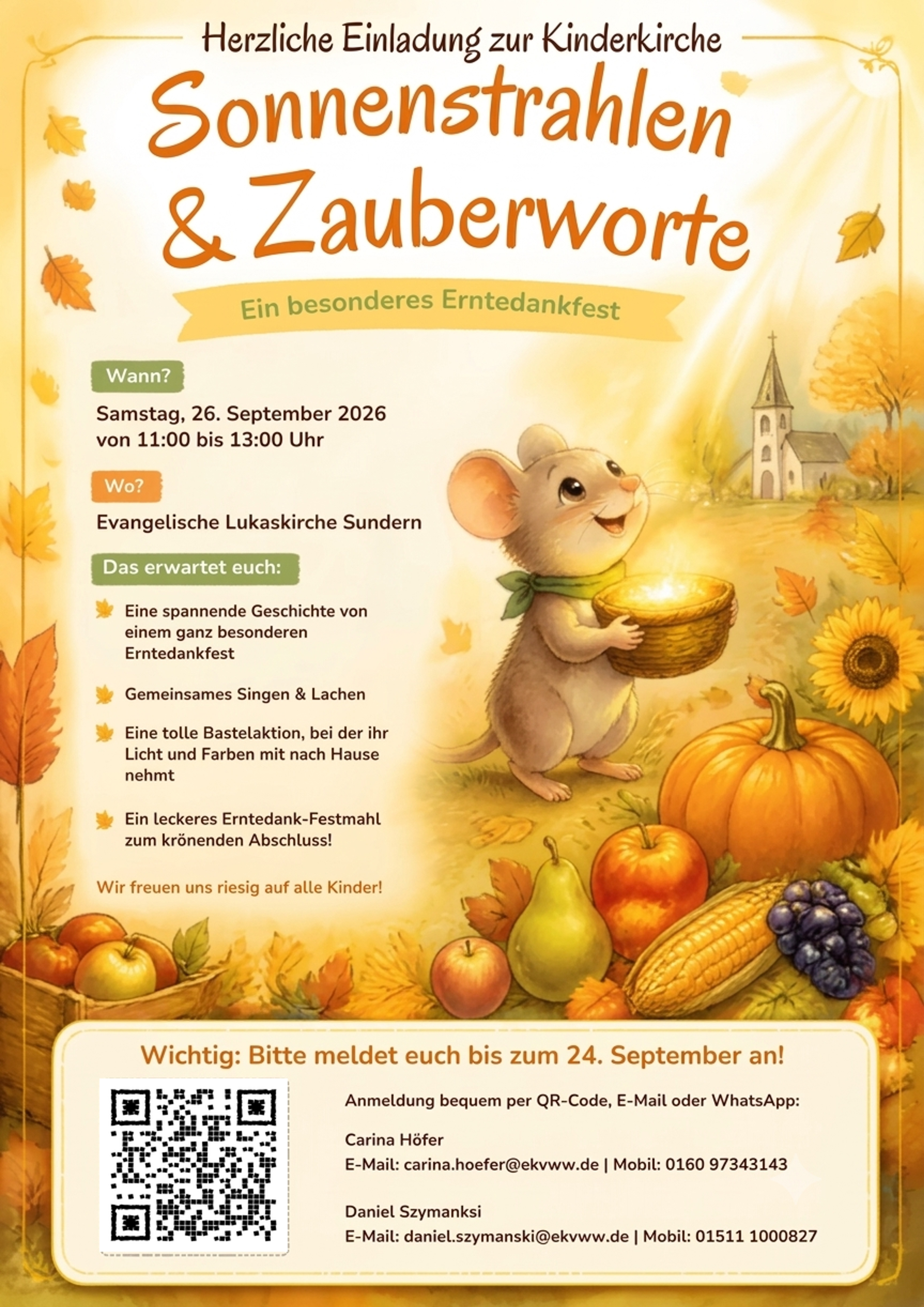 Plakat: Kinderkirche Erntedankfest am 26.09.26